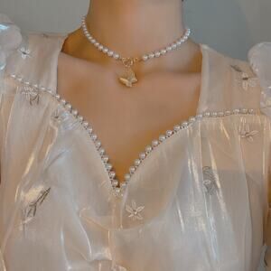 Fashion Butterfly Pearl‎ Ot Buckle Alloy Choker Necklace White Boho